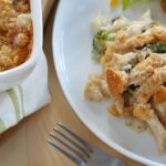 Creamy Chicken & Brown Rice Casserole with yogurt in a pan