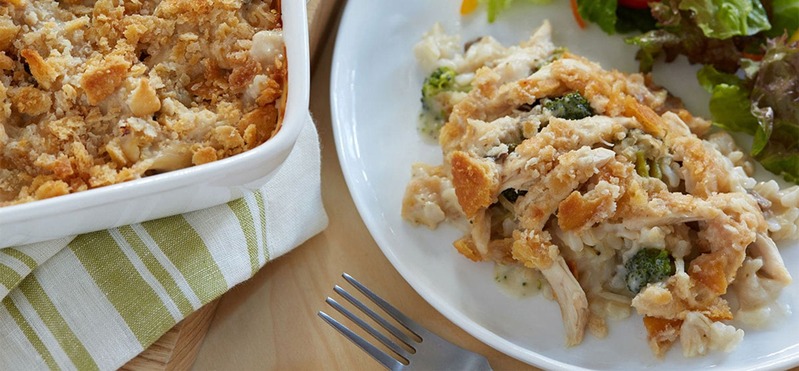 Creamy Chicken & Brown Rice Casserole with yogurt in a pan