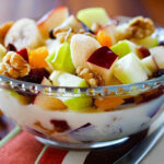 Fruits and nuts in soy milk in a bowl