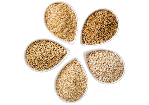 Five small white bowls arranged in a circle, each filled with a different type of whole grain.