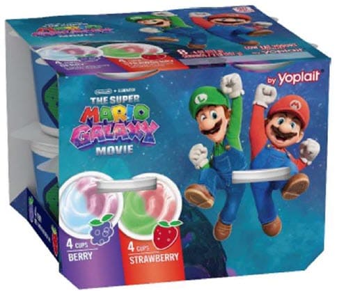 Box of Yoplait yogurt featuring Super Mario Galaxy characters, with eight cups in berry and strawberry flavors