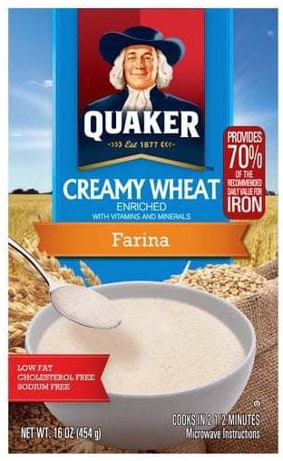 Box of Quaker Creamy Wheat Farina cereal, enriched with vitamins and minerals, shown with a bowl of cooked farina.”