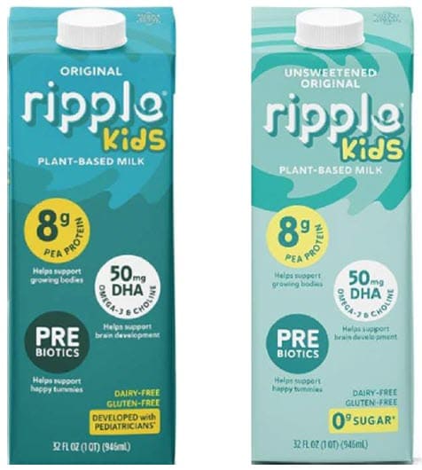 Two cartons of Ripple Kids plant‑based milk, Original and Unsweetened Original, highlighting pea protein, DHA omega‑3, choline, and prebiotics