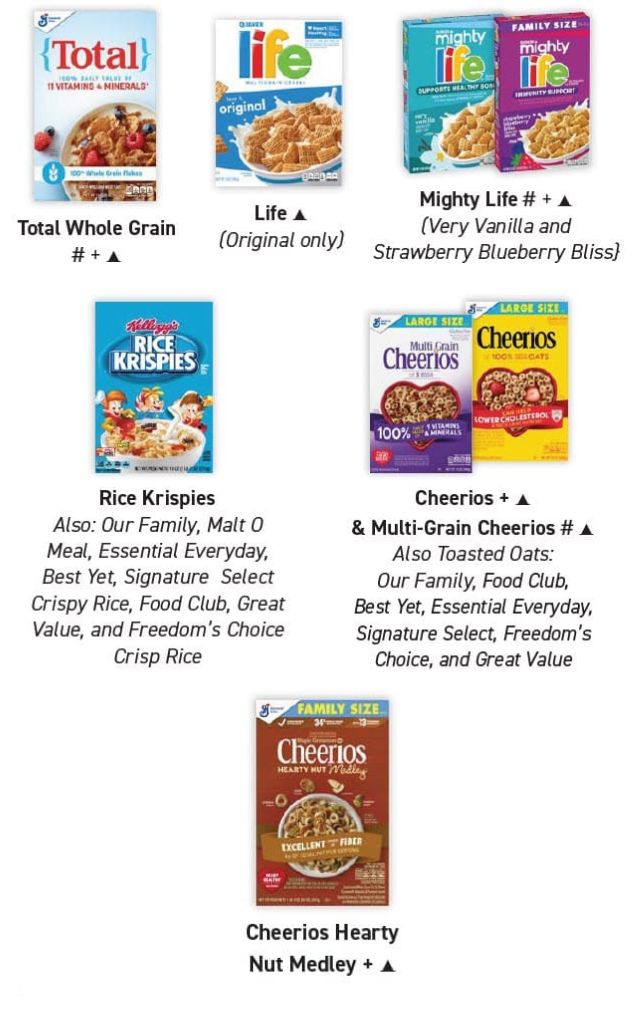 Assorted cereal boxes arranged in two rows, including Total, Life, Mighty Life, Rice Krispies, and various Cheerios varieties.