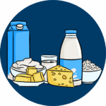 A dark blue circle filled with common dairy foods, including milk, yogurt, butter, cheese, and cottage cheese