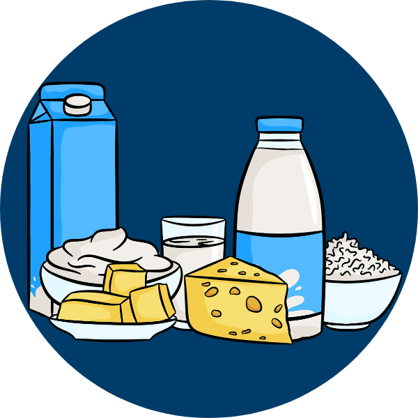 A dark blue circle filled with illustrations of dairy foods, including milk cartons and bottles, a glass of milk, cheese, cottage cheese, butter cubes, and a bowl of yogurt or cream.