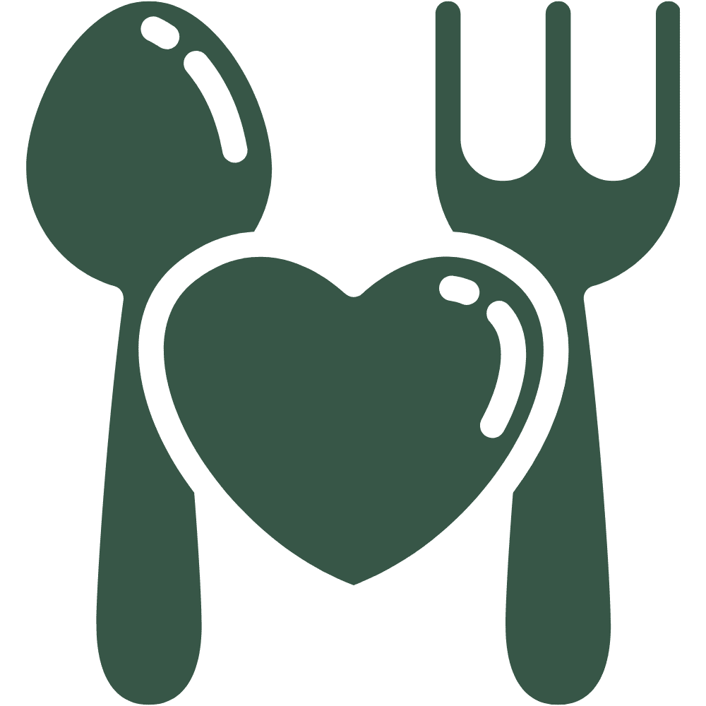 A simple graphic showing a spoon on the left and a fork on the right with a heart shape between them, creating a friendly food and love icon.
