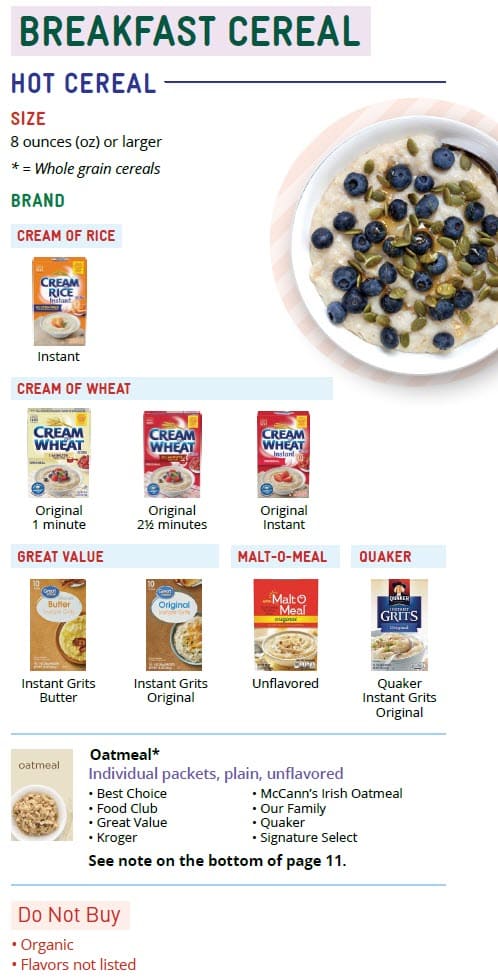 A hot‑cereal guide listing approved brands and types, with a photo of a bowl of cereal topped with blueberries