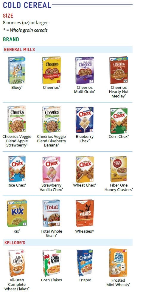 A cold‑cereal guide showing approved General Mills and Kellogg’s cereals, with whole‑grain options marked by an asterisk