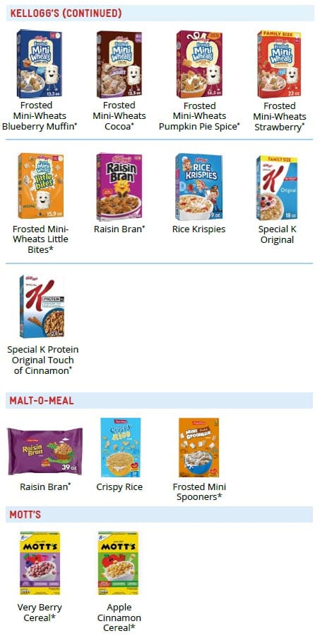 A cereal guide showing Kellogg’s, Malt‑O‑Meal, and Mott’s cereals in a grid, with different varieties displayed by brand