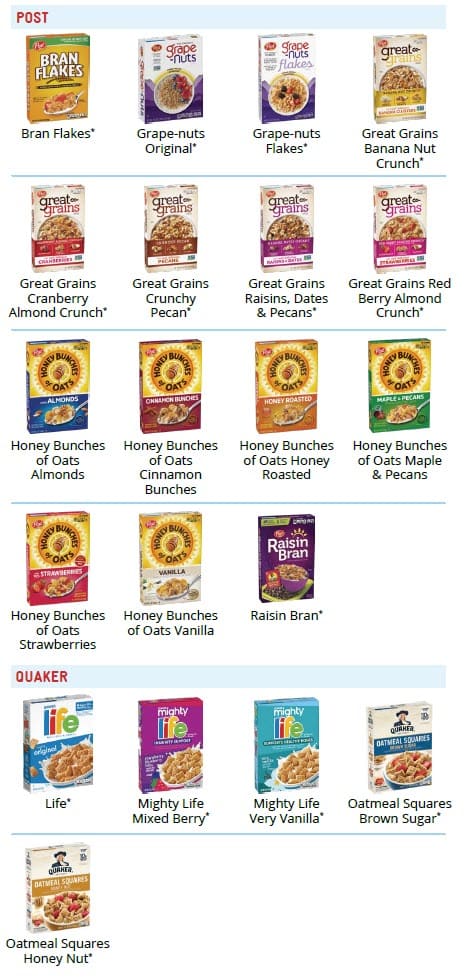 A cereal guide showing Post and Quaker cereals in a grid, with different varieties grouped by brand