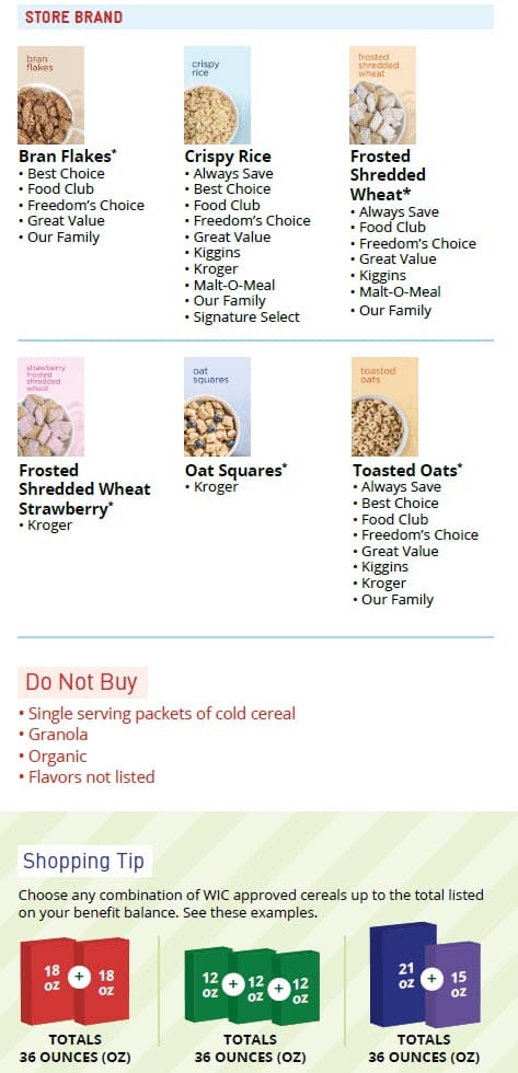 A store‑brand cereal guide showing approved varieties like bran flakes, crispy rice, shredded wheat, oat squares, and toasted oats, plus a note about which items not to buy