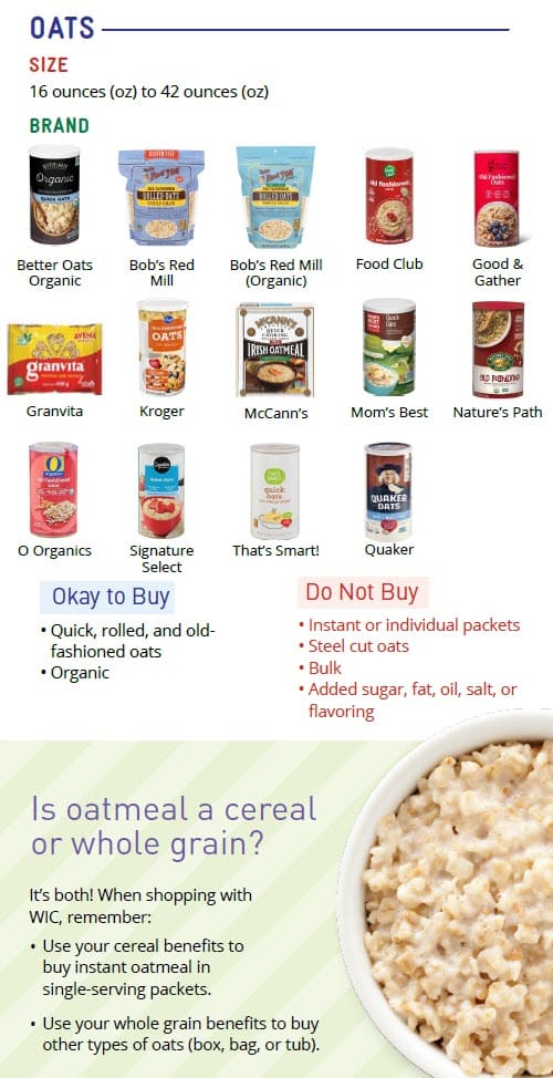 A WIC oats guide showing many brands of oatmeal in a grid, with labels for “Okay to Buy” and “Do Not Buy.” The “Okay” section includes quick, rolled, old‑fashioned, and organic oats. The “Do Not Buy” section lists instant packets, steel‑cut oats, bulk oats, and flavored oats. A note at the bottom explains that oatmeal counts as both a cereal and a whole grain, with tips on when to use cereal benefits versus whole grain benefits