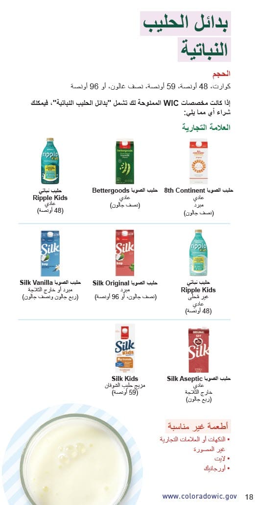 A plant‑based milk guide showing approved soy and oat milk brands in various sizes, with a “Do Not Buy” note for unlisted flavors, light, and organic options in Arabic