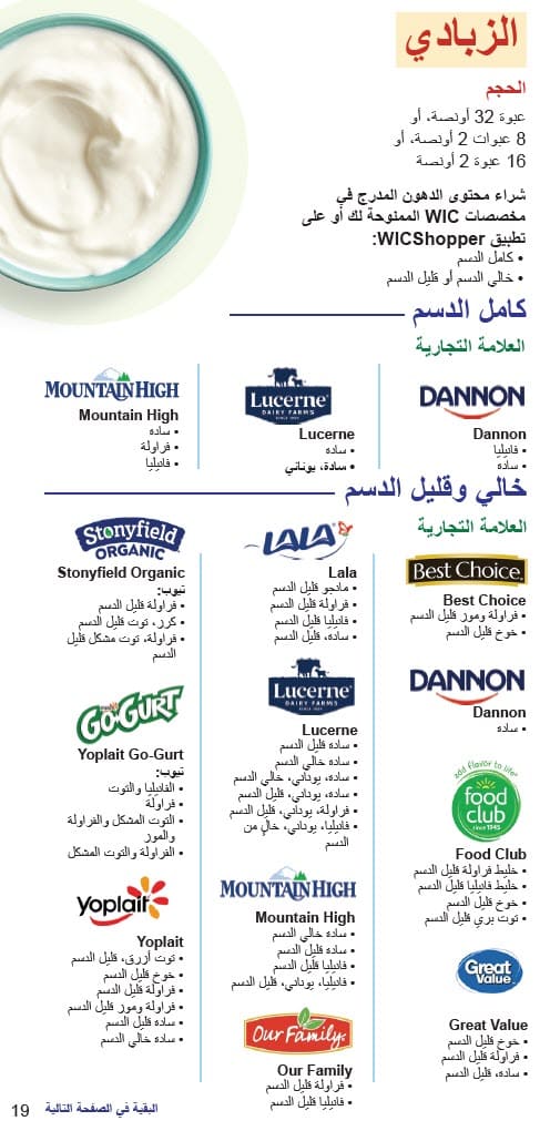A yogurt guide showing items not allowed—like unlisted flavors, non‑dairy, mix‑ins, drinkables, and multipacks—and a simple graphic of three approved ways to buy yogurt: a 32‑oz tub, two packs of eight tubes, or one pack of sixteen tubes in Arabic