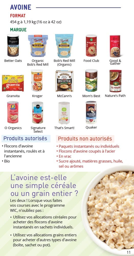 A WIC oats guide showing many brands of oatmeal in a grid, with labels for “Okay to Buy” and “Do Not Buy.” The “Okay” section includes quick, rolled, old‑fashioned, and organic oats. The “Do Not Buy” section lists instant packets, steel‑cut oats, bulk oats, and flavored oats. A note at the bottom explains that oatmeal counts as both a cereal and a whole grain, with tips on when to use cereal benefits versus whole grain benefits in French