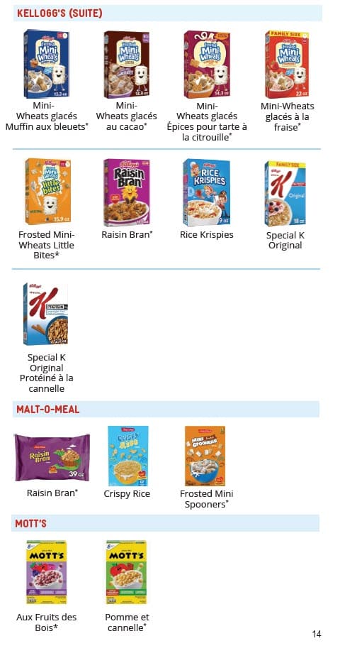 A cereal guide showing Kellogg’s, Malt‑O‑Meal, and Mott’s cereals in a grid, with different varieties displayed by brand in French