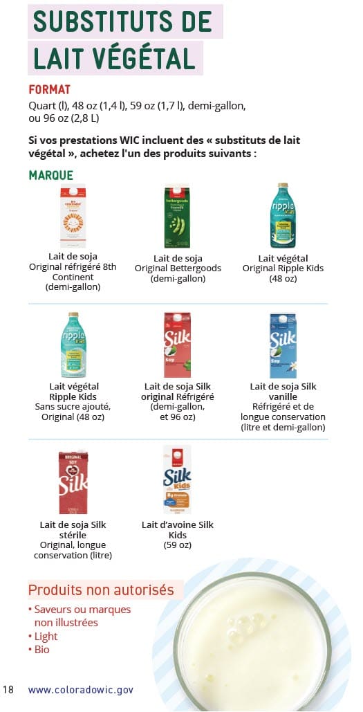 A plant‑based milk guide showing approved soy and oat milk brands in various sizes, with a “Do Not Buy” note for unlisted flavors, light, and organic options in French