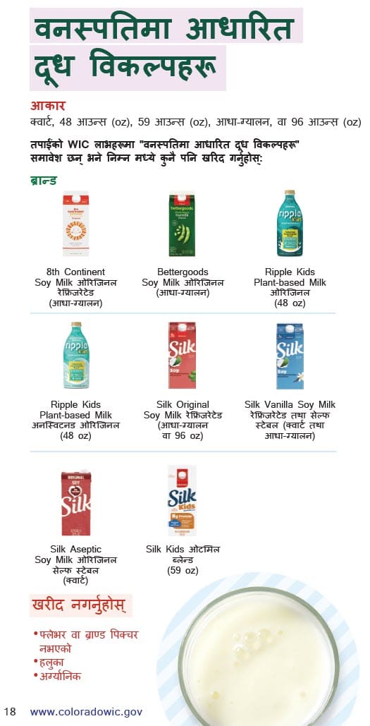 A plant‑based milk guide showing approved soy and oat milk brands in various sizes, with a “Do Not Buy” note for unlisted flavors, light, and organic options in Nepali