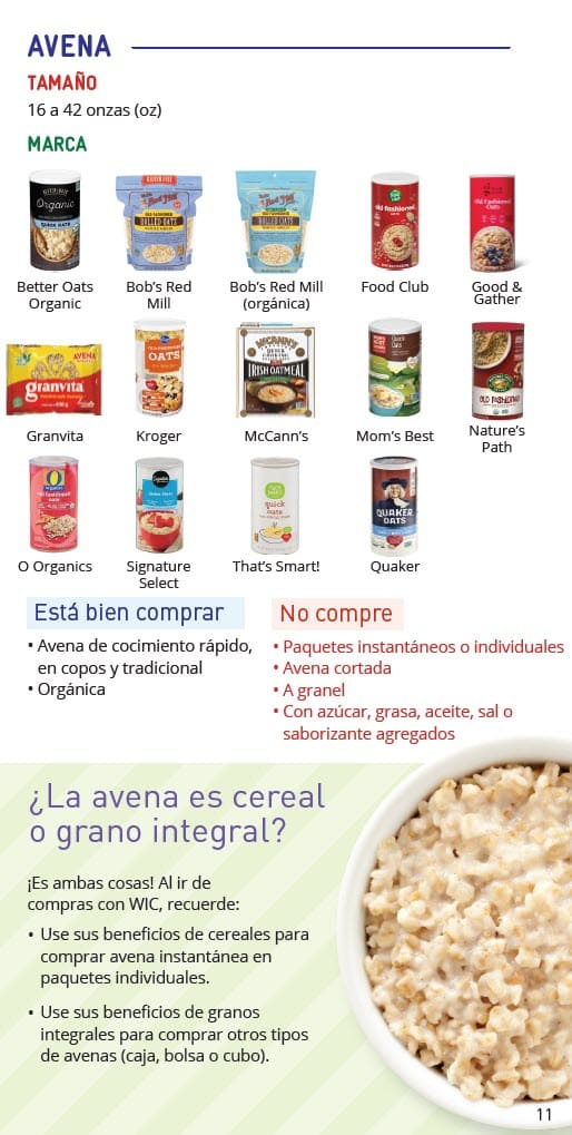 A WIC oats guide showing many brands of oatmeal in a grid, with labels for “Okay to Buy” and “Do Not Buy.” The “Okay” section includes quick, rolled, old‑fashioned, and organic oats. The “Do Not Buy” section lists instant packets, steel‑cut oats, bulk oats, and flavored oats. A note at the bottom explains that oatmeal counts as both a cereal and a whole grain, with tips on when to use cereal benefits versus whole grain benefits in Spanish