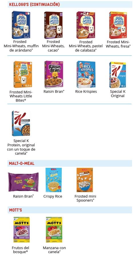 A cereal guide showing Kellogg’s, Malt‑O‑Meal, and Mott’s cereals in a grid, with different varieties displayed by brand in Spanish