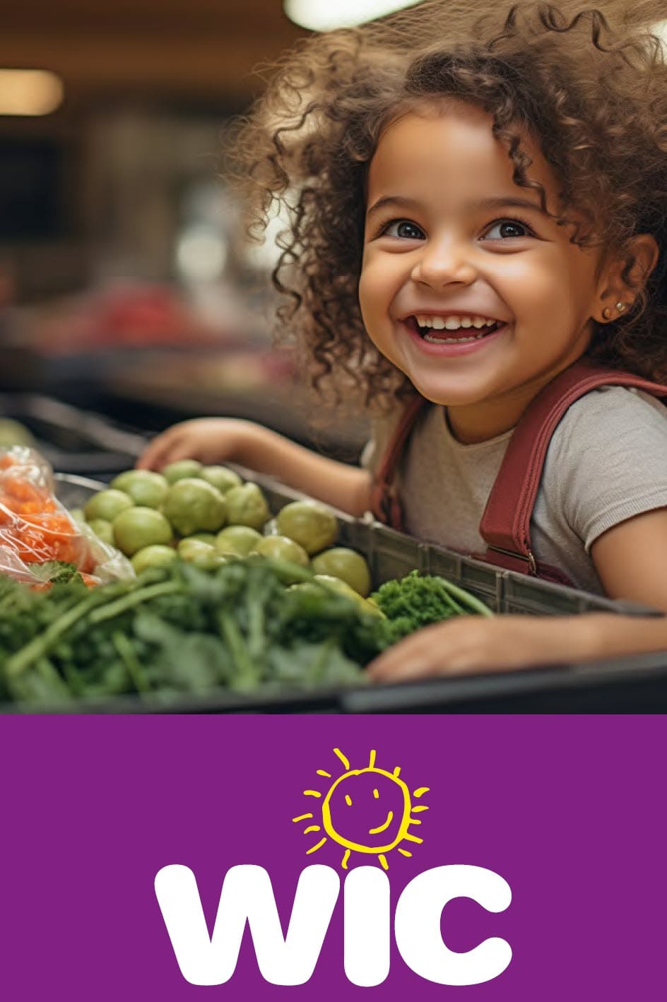 A smiling child stands near fresh produce with a purple WIC banner at the bottom.
