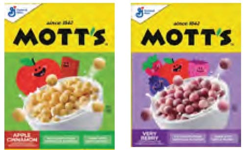 Mott’s brand cereal boxes two side by side. Apple Cinnamon and Very Berry