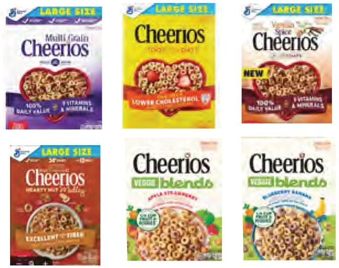 Multiple boxes of Cheerios brand cereals.