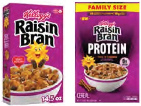 Two boxes of Raisin Bran brand cereal side by side