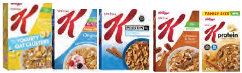 Five boxes of Special K brand cereal side by side