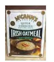 A box of McCann’s quick‑cooking Irish oatmeal with a bowl of oatmeal on the front.