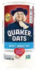 A canister of Quaker quick oats with the Quaker logo on the front.