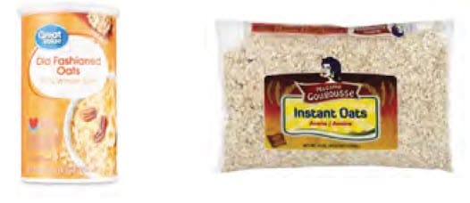Two oatmeal products side by side: old‑fashioned oats in a canister and instant oats in a bag.