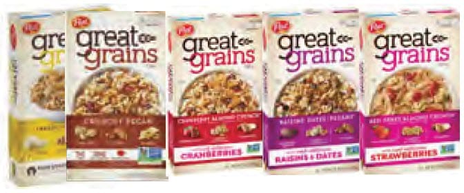 Five boxes of Great Grains brand cereal side by side