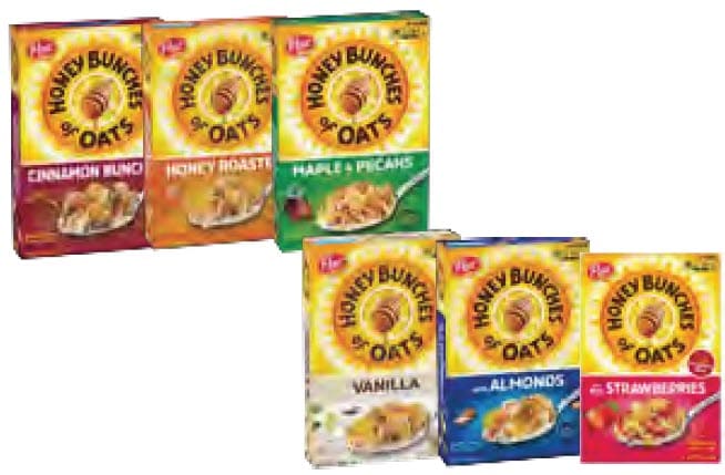 Multiple boxes of Honey Bunches Of Oats brand cereal