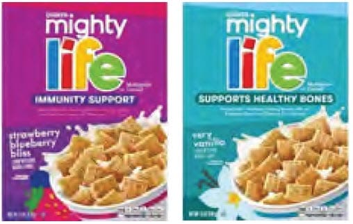 Two boxes of Mighty Life brand cereal side by side